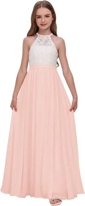 Chiffon Junior Bridesmaid Dress for Wedding Lace Applique Halter Sleeveless A-Line Long Formal Flower Girl Dress