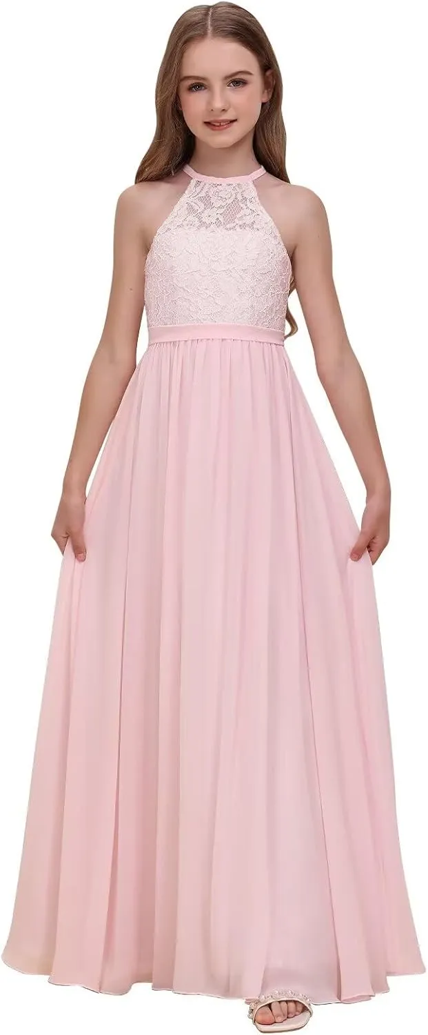 Chiffon Junior Bridesmaid Dress for Wedding Lace Applique Halter Sleeveless A-Line Long Formal Flower Girl Dress