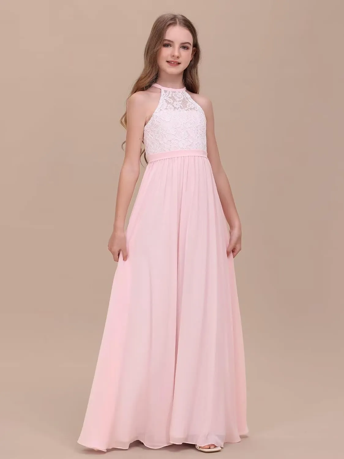 Chiffon Junior Bridesmaid Dress for Wedding Lace Applique Halter Sleeveless A-Line Long Formal Flower Girl Dress