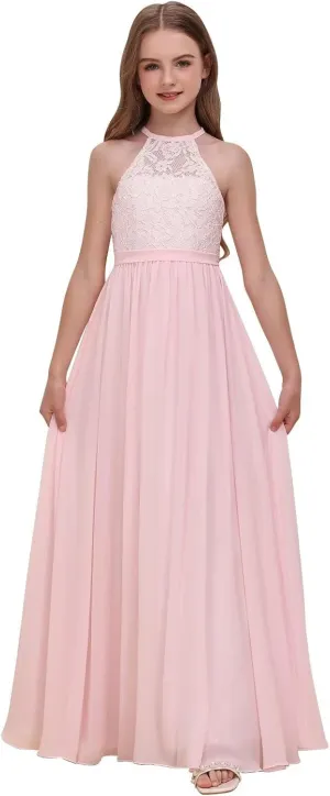 Chiffon Junior Bridesmaid Dress for Wedding Lace Applique Halter Sleeveless A-Line Long Formal Flower Girl Dress