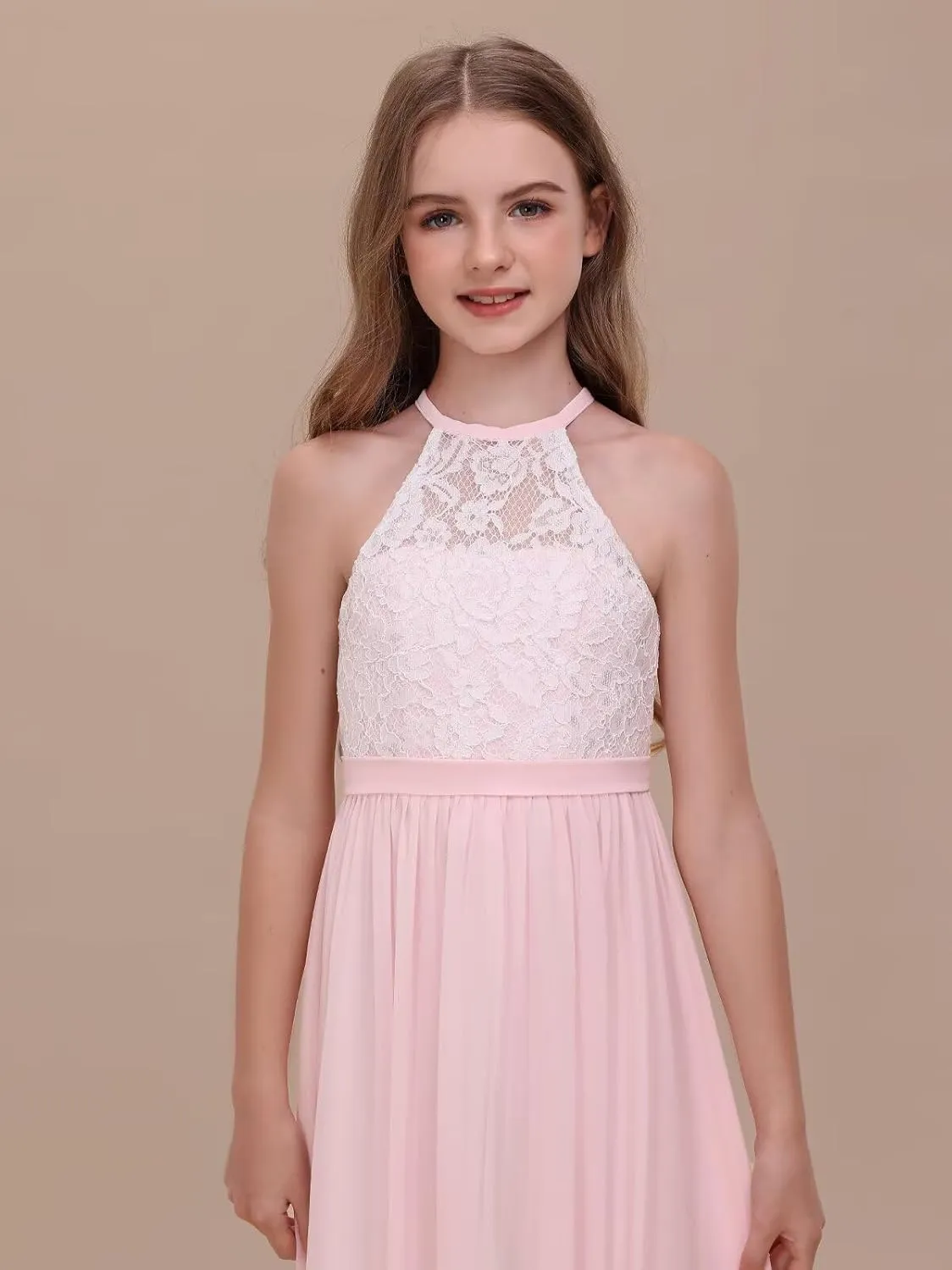 Chiffon Junior Bridesmaid Dress for Wedding Lace Applique Halter Sleeveless A-Line Long Formal Flower Girl Dress