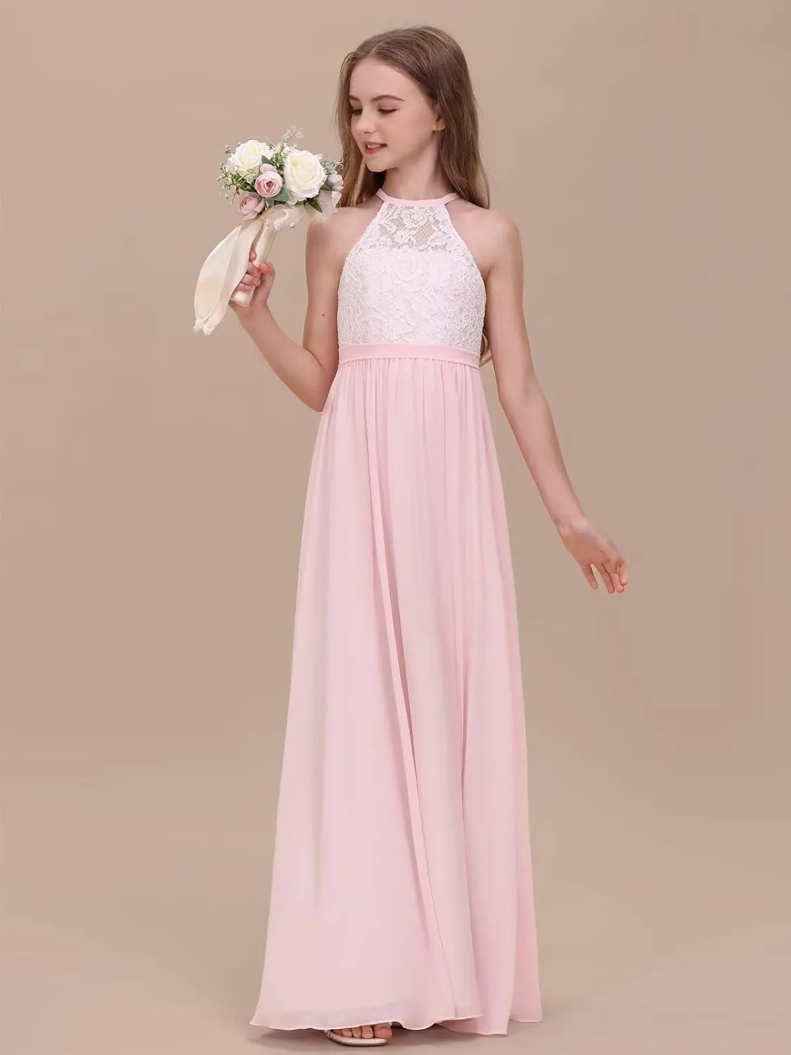 Chiffon Junior Bridesmaid Dress for Wedding Lace Applique Halter Sleeveless A-Line Long Formal Flower Girl Dress
