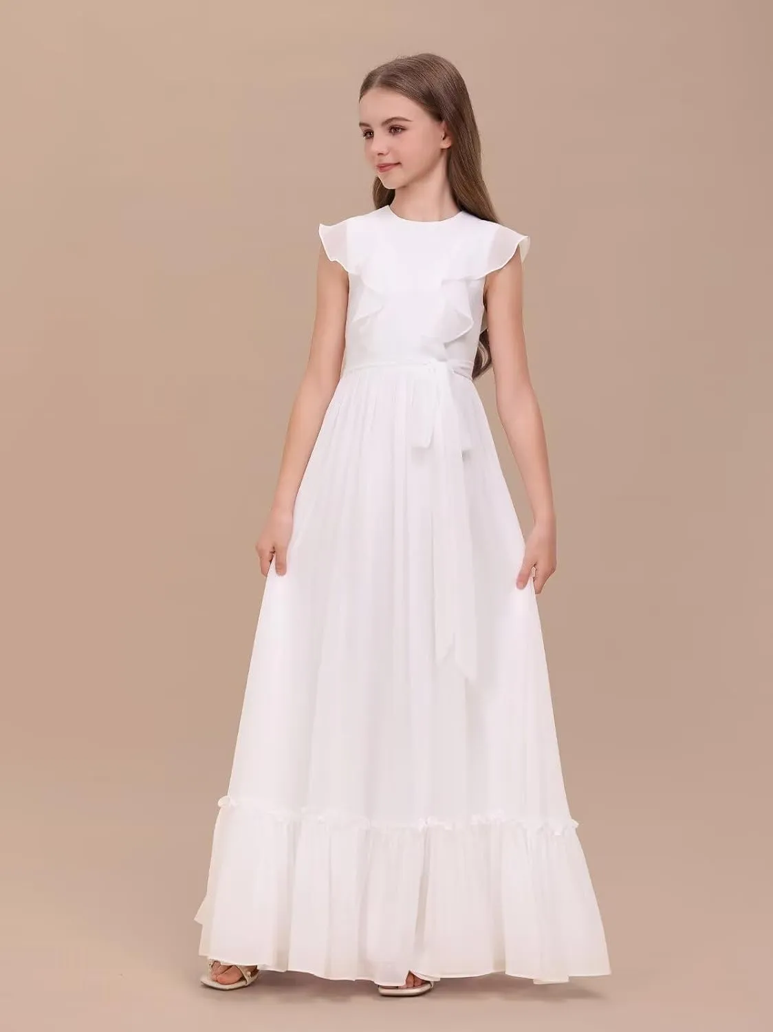 Chiffon Junior Bridesmaid Dress for Wedding Ruffle Sleeves Crew Neck Long Belt Party Formal Flower Girl Dress