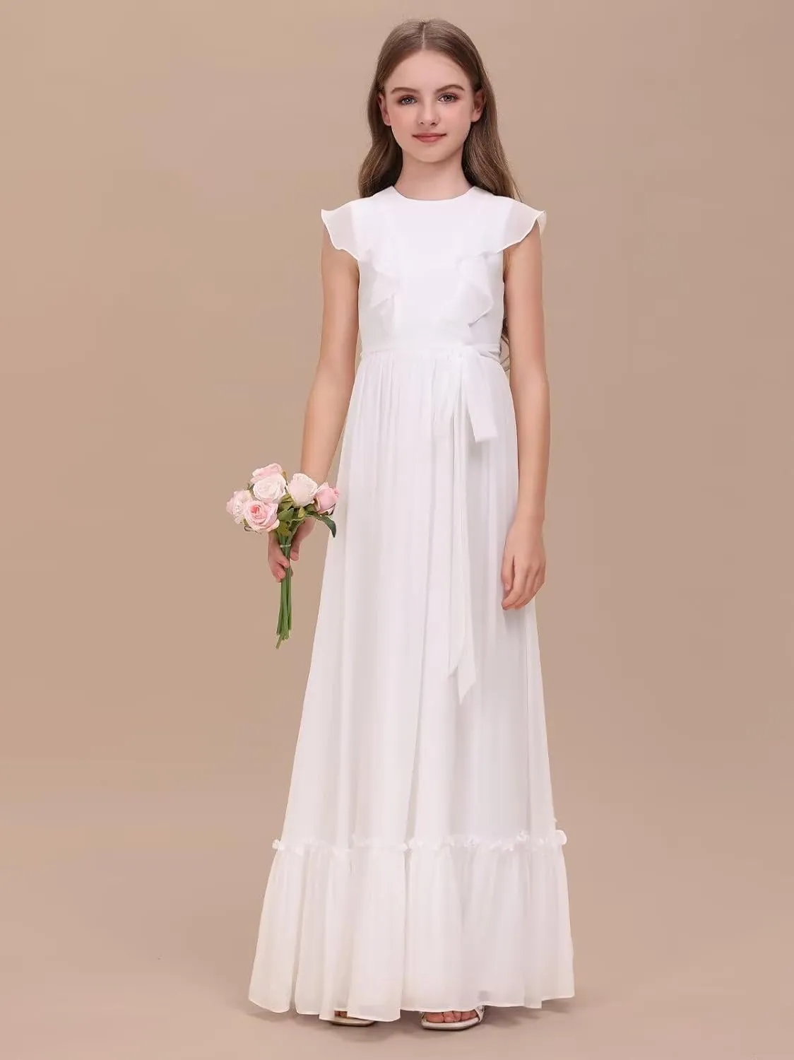 Chiffon Junior Bridesmaid Dress for Wedding Ruffle Sleeves Crew Neck Long Belt Party Formal Flower Girl Dress