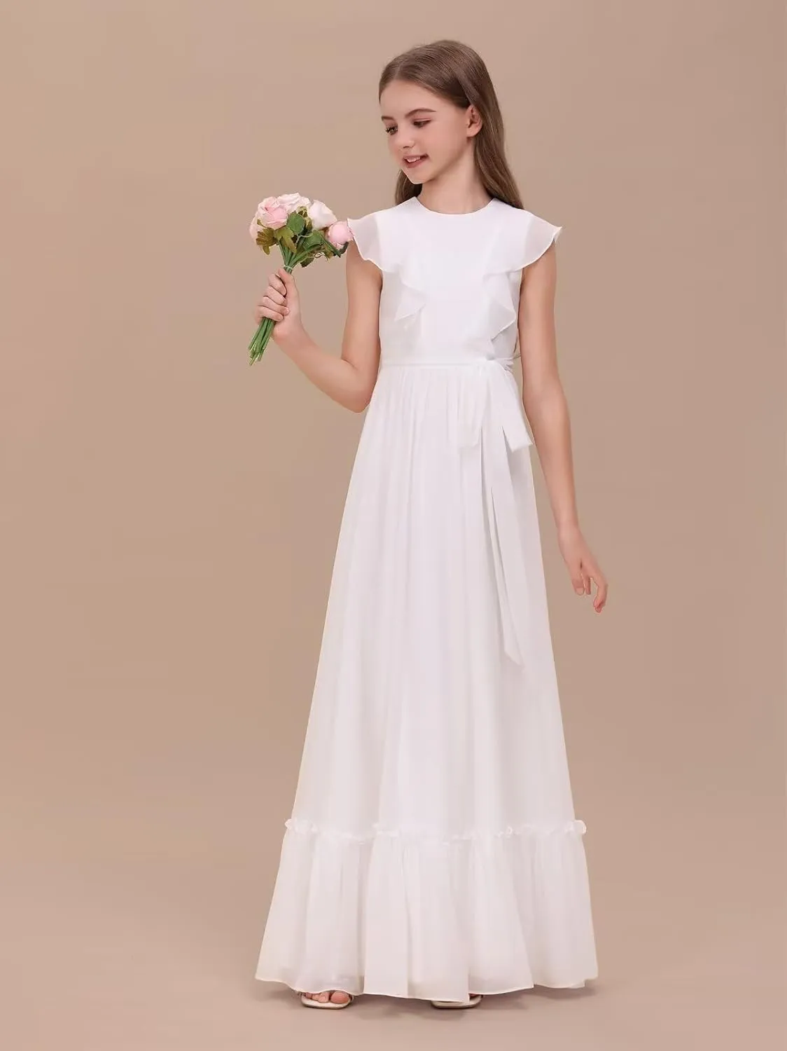 Chiffon Junior Bridesmaid Dress for Wedding Ruffle Sleeves Crew Neck Long Belt Party Formal Flower Girl Dress