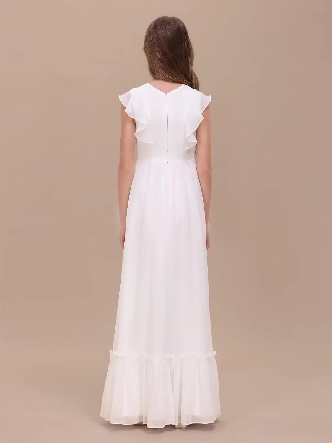 Chiffon Junior Bridesmaid Dress for Wedding Ruffle Sleeves Crew Neck Long Belt Party Formal Flower Girl Dress