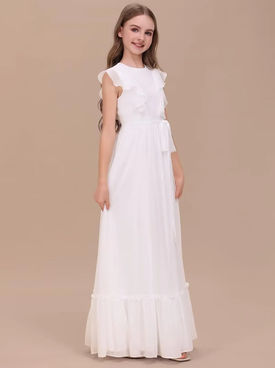 Chiffon Junior Bridesmaid Dress for Wedding Ruffle Sleeves Crew Neck Long Belt Party Formal Flower Girl Dress