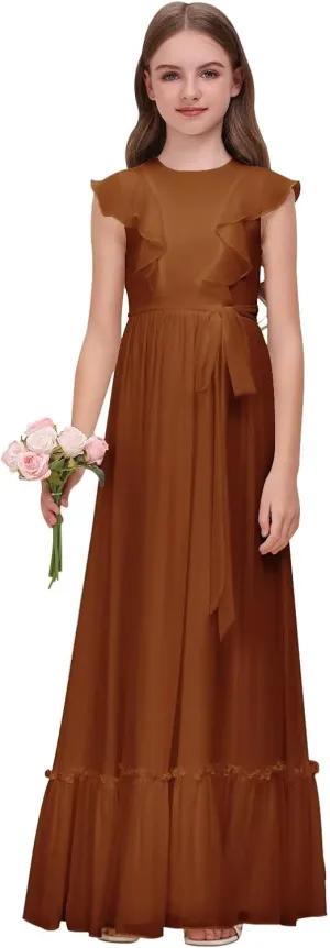Chiffon Junior Bridesmaid Dress for Wedding Ruffle Sleeves Crew Neck Long Belt Party Formal Flower Girl Dress