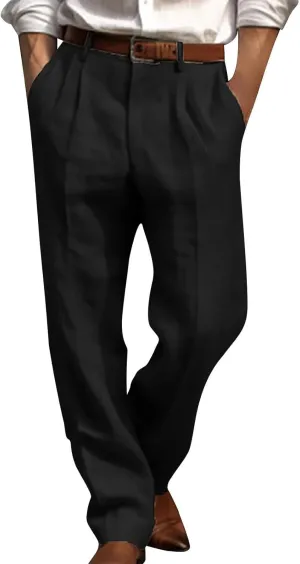 Chino Linen Pants for Men Wide Leg Elastic Waist Pants Breathable Big and Tall Plain Beach Trousers