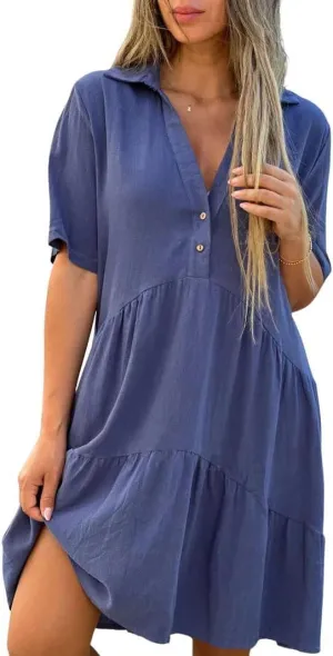 chouyatou Women's Button Up Polo Collared Cotton Linen Loose Dress Short Sleeve Ruffle Babydoll Tunic Mini Dress