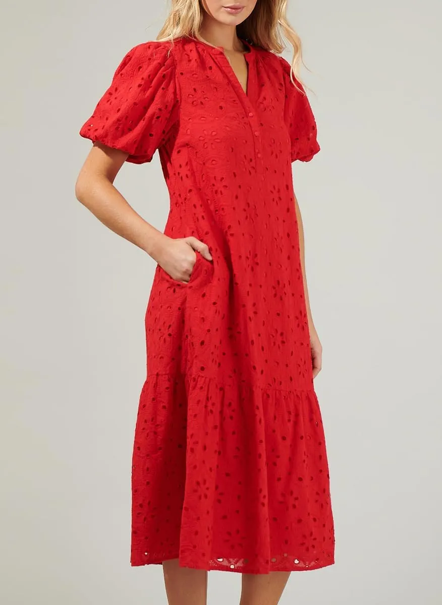 chouyatou Women's Elegant Lace Eyelet Embroidery Beach Dress V-Neck Puff Sleeve Flowy Swing Midi Tunic Dress