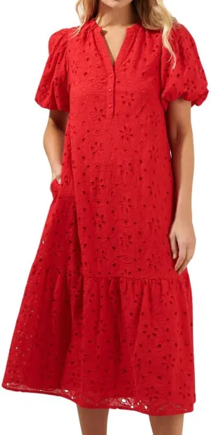 chouyatou Women's Elegant Lace Eyelet Embroidery Beach Dress V-Neck Puff Sleeve Flowy Swing Midi Tunic Dress