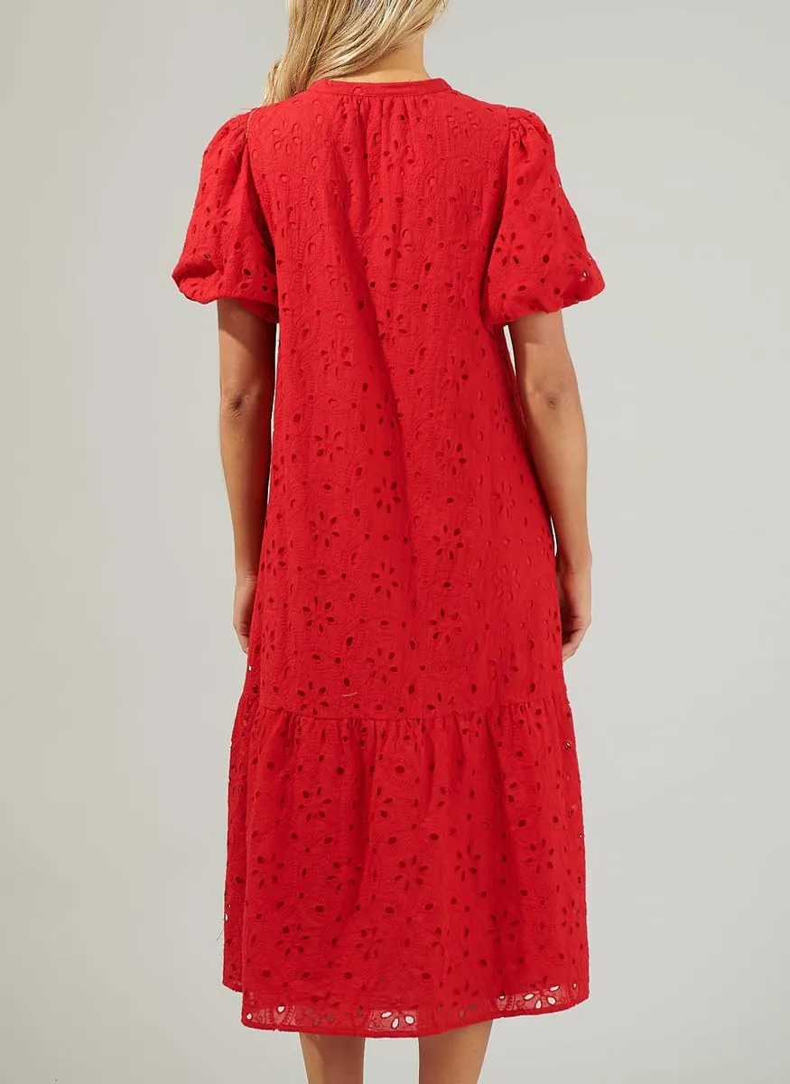 chouyatou Women's Elegant Lace Eyelet Embroidery Beach Dress V-Neck Puff Sleeve Flowy Swing Midi Tunic Dress
