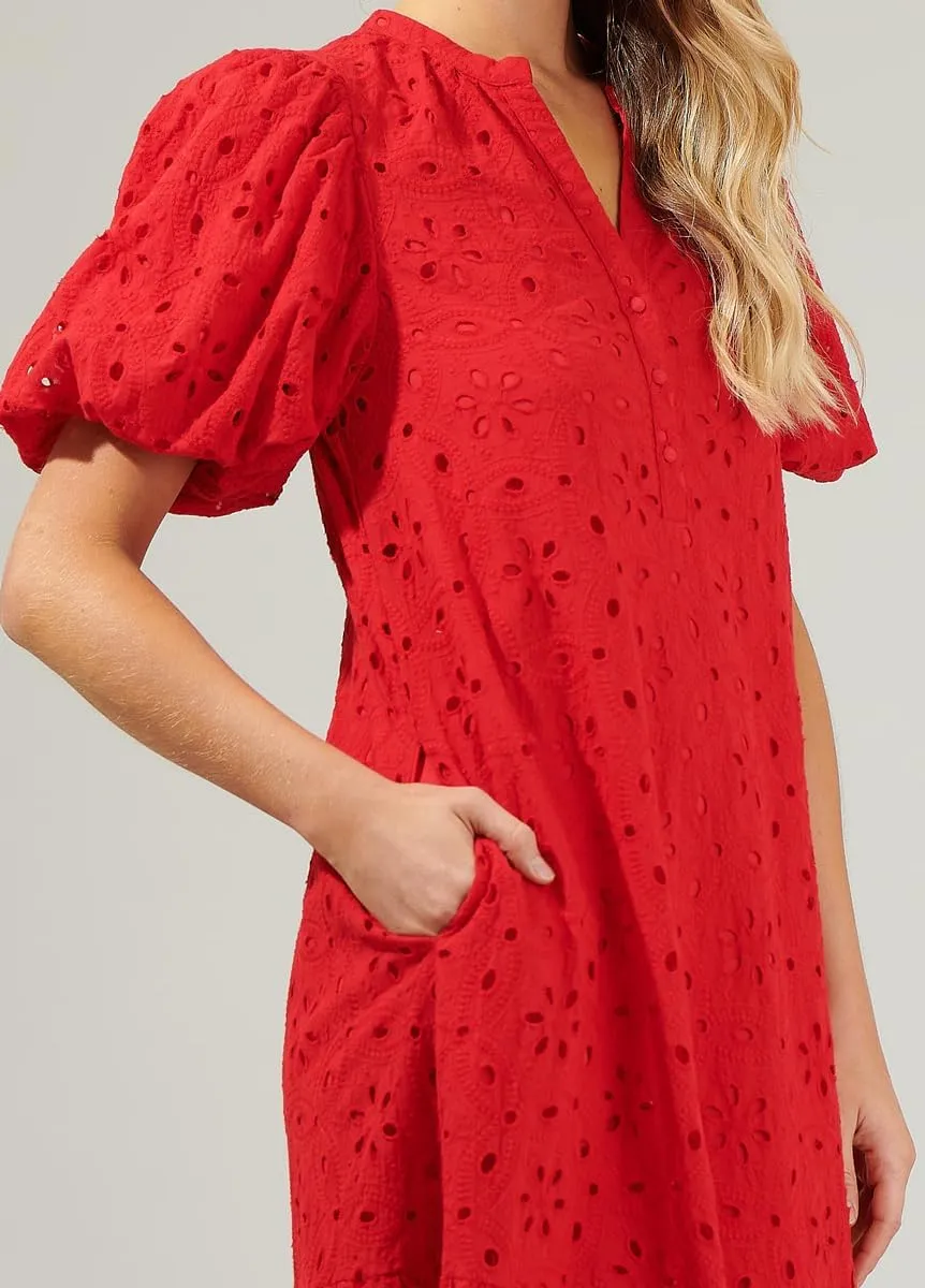 chouyatou Women's Elegant Lace Eyelet Embroidery Beach Dress V-Neck Puff Sleeve Flowy Swing Midi Tunic Dress