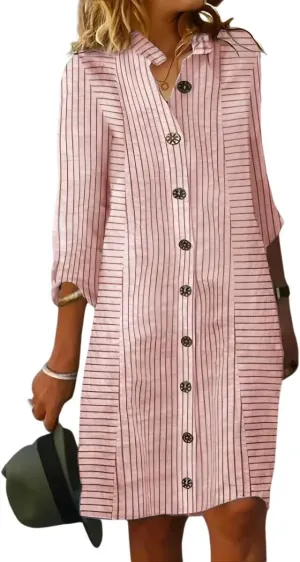 chouyatou Women's Loose Fit Striped Midi Shirt Dress Casual 3/4 Sleeve Button Down Long Tunic Dress