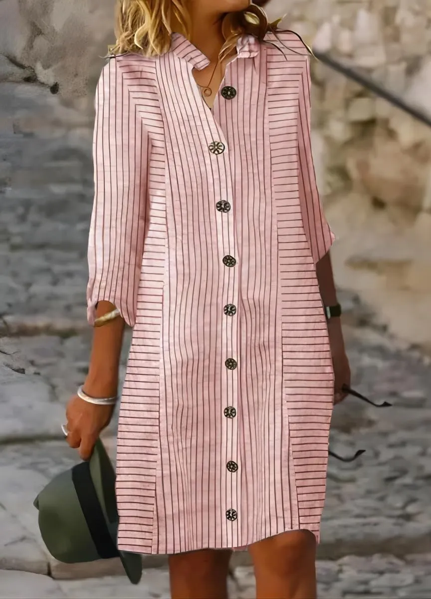 chouyatou Women's Loose Fit Striped Midi Shirt Dress Casual 3/4 Sleeve Button Down Long Tunic Dress