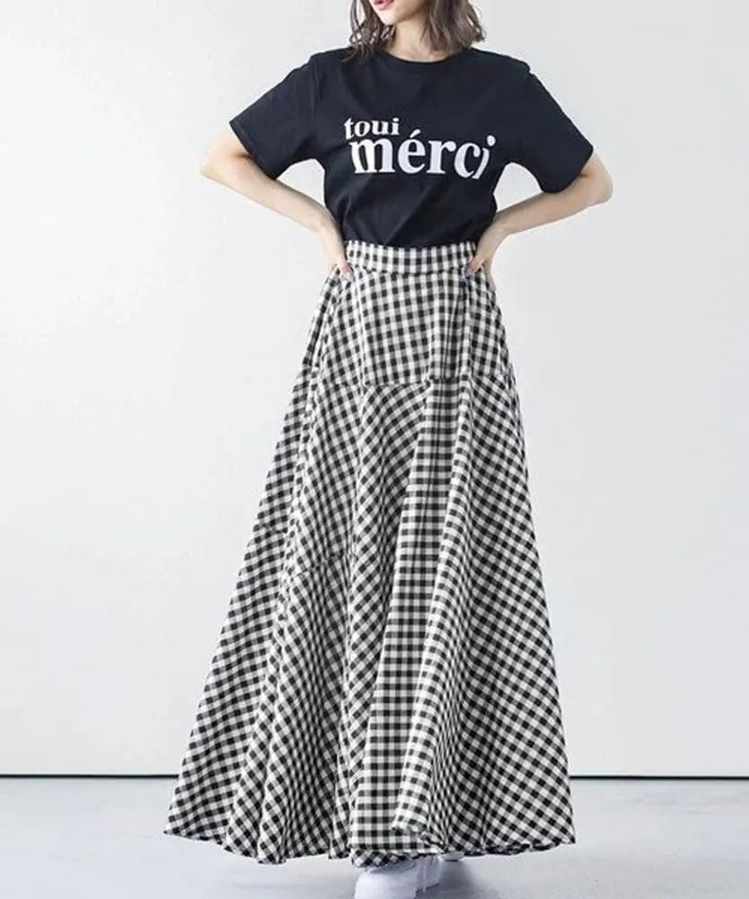 chouyatou Women's Retro Plaid A Line Midi Skirt Gingham High Elastic Waisted Pleated Swing Long Skirt
