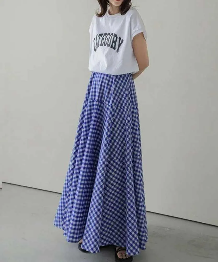 chouyatou Women's Retro Plaid A Line Midi Skirt Gingham High Elastic Waisted Pleated Swing Long Skirt
