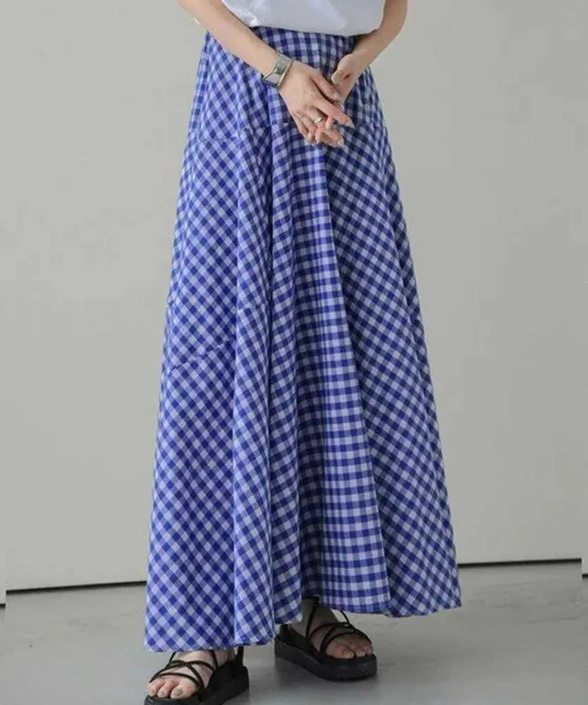 chouyatou Women's Retro Plaid A Line Midi Skirt Gingham High Elastic Waisted Pleated Swing Long Skirt