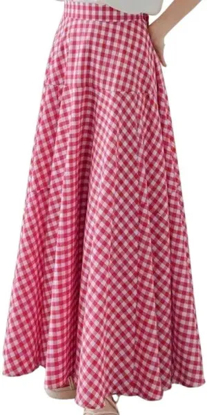 chouyatou Women's Retro Plaid A Line Midi Skirt Gingham High Elastic Waisted Pleated Swing Long Skirt