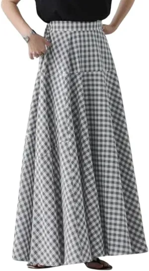 chouyatou Women's Retro Plaid A Line Midi Skirt Gingham High Elastic Waisted Pleated Swing Long Skirt