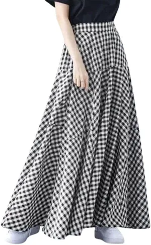 chouyatou Women's Retro Plaid A Line Midi Skirt Gingham High Elastic Waisted Pleated Swing Long Skirt