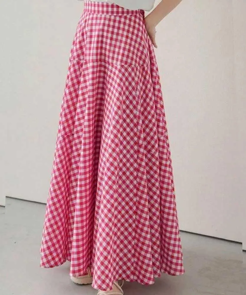 chouyatou Women's Retro Plaid A Line Midi Skirt Gingham High Elastic Waisted Pleated Swing Long Skirt