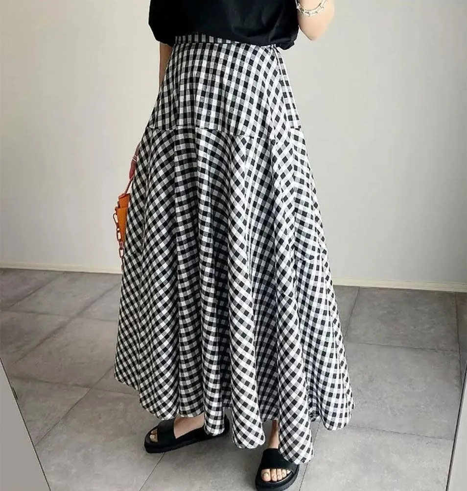 chouyatou Women's Retro Plaid A Line Midi Skirt Gingham High Elastic Waisted Pleated Swing Long Skirt