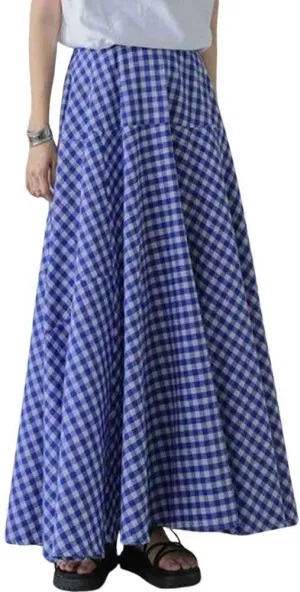 chouyatou Women's Retro Plaid A Line Midi Skirt Gingham High Elastic Waisted Pleated Swing Long Skirt