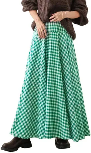 chouyatou Women's Retro Plaid A Line Midi Skirt Gingham High Elastic Waisted Pleated Swing Long Skirt