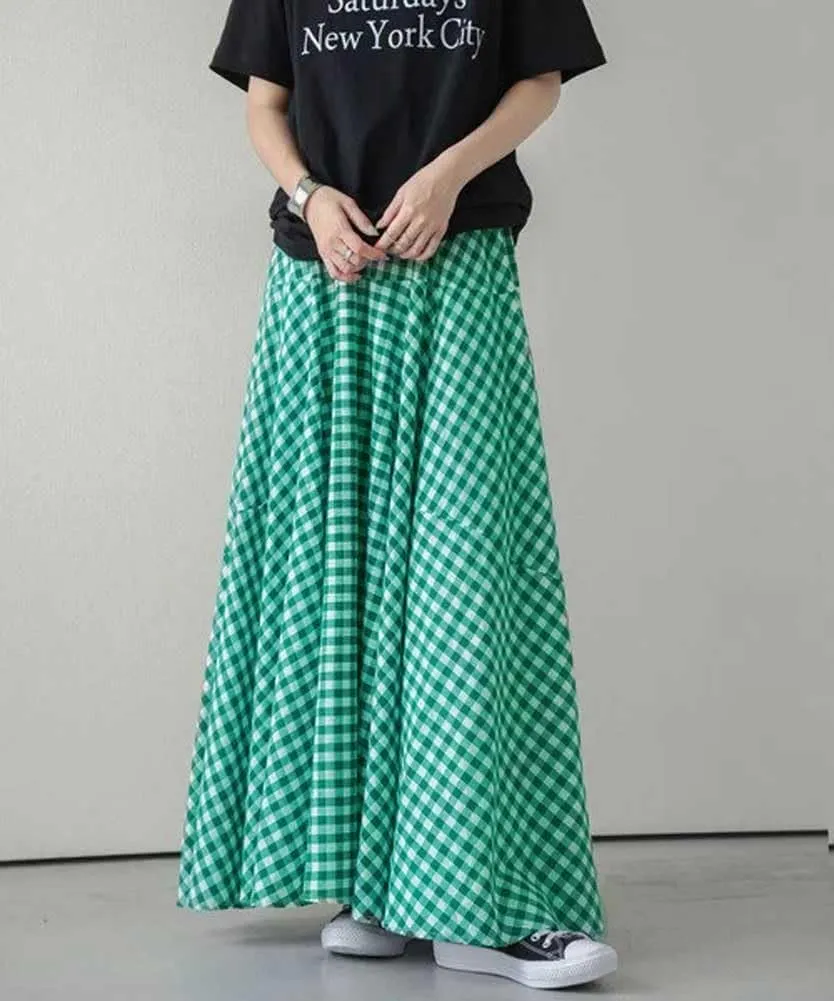 chouyatou Women's Retro Plaid A Line Midi Skirt Gingham High Elastic Waisted Pleated Swing Long Skirt