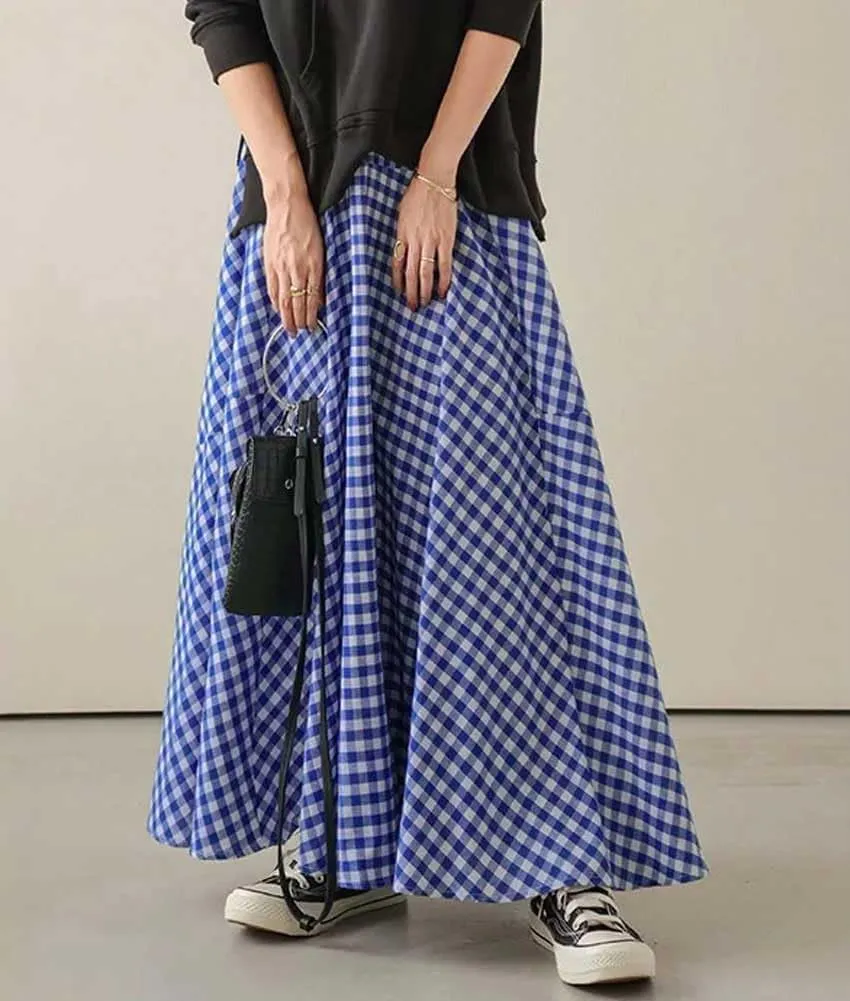 chouyatou Women's Retro Plaid A Line Midi Skirt Gingham High Elastic Waisted Pleated Swing Long Skirt