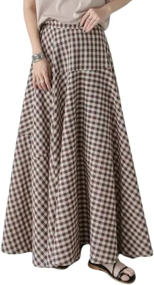 chouyatou Women's Retro Plaid A Line Midi Skirt Gingham High Elastic Waisted Pleated Swing Long Skirt