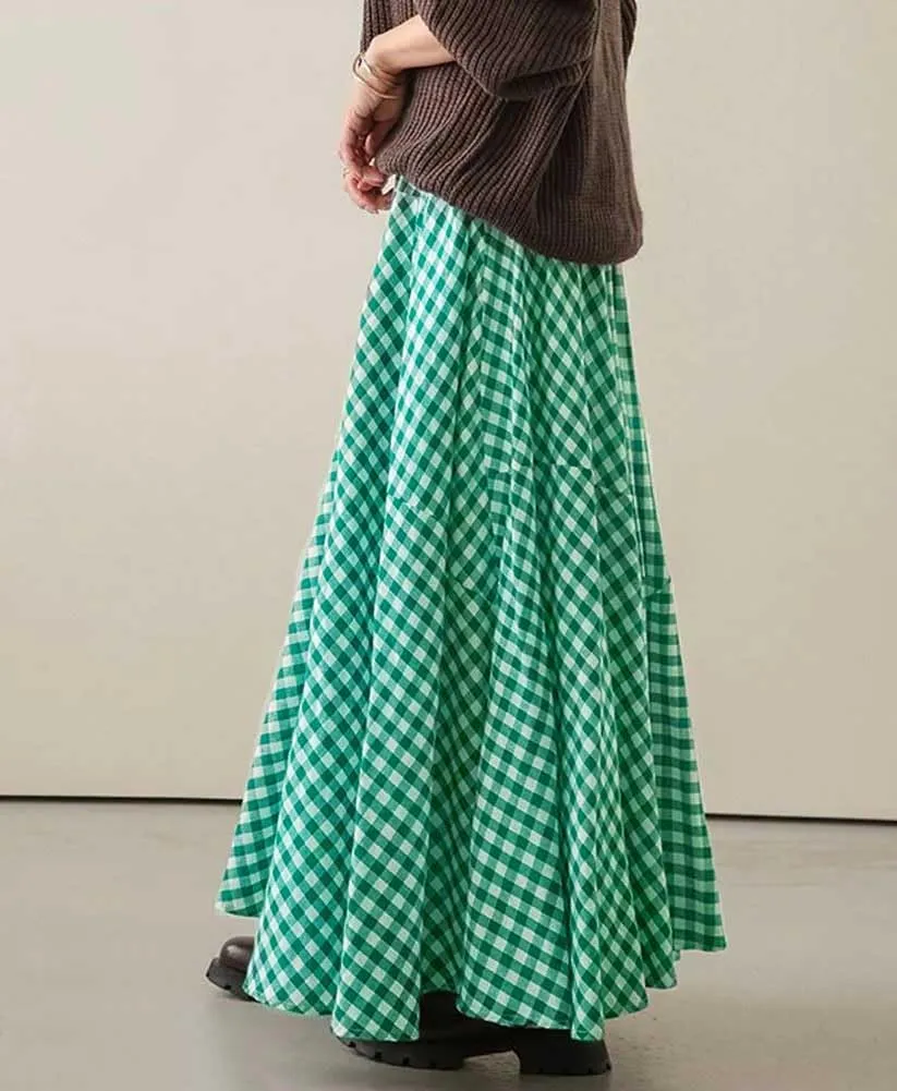 chouyatou Women's Retro Plaid A Line Midi Skirt Gingham High Elastic Waisted Pleated Swing Long Skirt