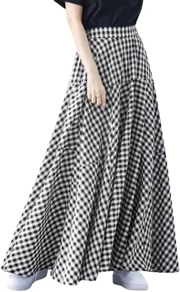 chouyatou Women's Retro Plaid A Line Midi Skirt Gingham High Elastic Waisted Pleated Swing Long Skirt