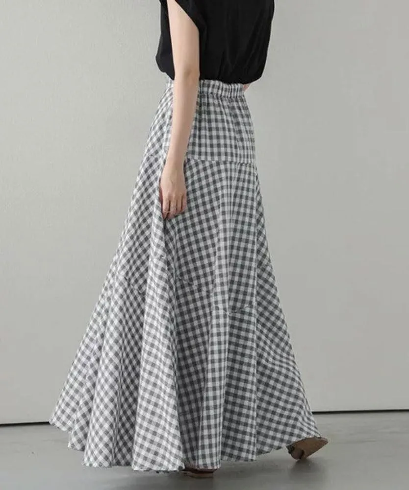 chouyatou Women's Retro Plaid A Line Midi Skirt Gingham High Elastic Waisted Pleated Swing Long Skirt