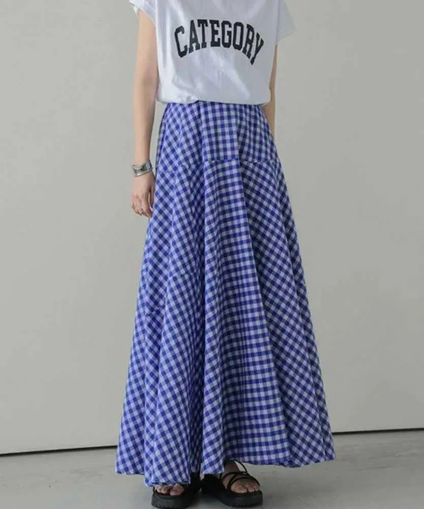 chouyatou Women's Retro Plaid A Line Midi Skirt Gingham High Elastic Waisted Pleated Swing Long Skirt