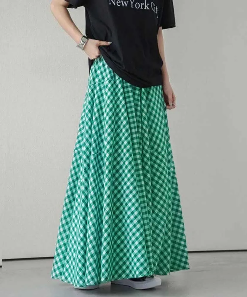 chouyatou Women's Retro Plaid A Line Midi Skirt Gingham High Elastic Waisted Pleated Swing Long Skirt