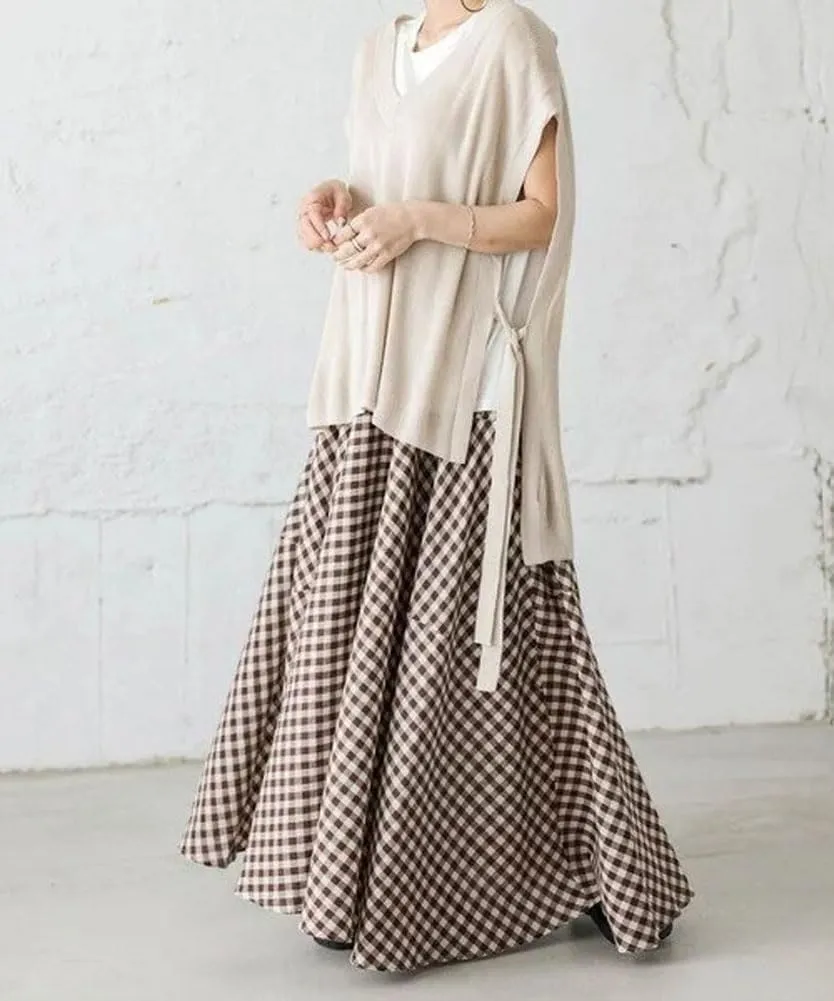 chouyatou Women's Retro Plaid A Line Midi Skirt Gingham High Elastic Waisted Pleated Swing Long Skirt