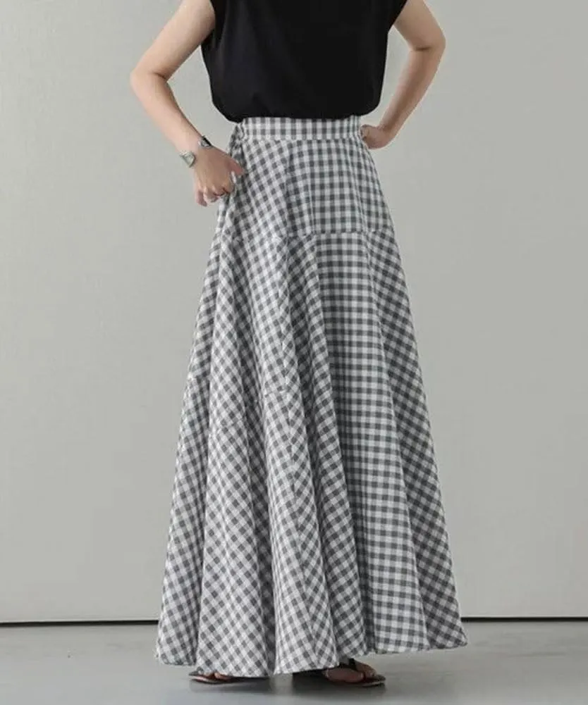 chouyatou Women's Retro Plaid A Line Midi Skirt Gingham High Elastic Waisted Pleated Swing Long Skirt