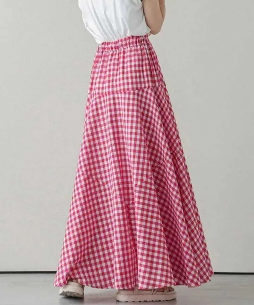 chouyatou Women's Retro Plaid A Line Midi Skirt Gingham High Elastic Waisted Pleated Swing Long Skirt
