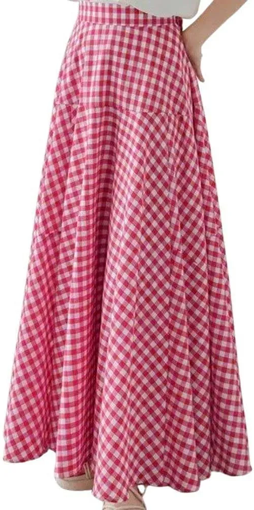 chouyatou Women's Retro Plaid A Line Midi Skirt Gingham High Elastic Waisted Pleated Swing Long Skirt