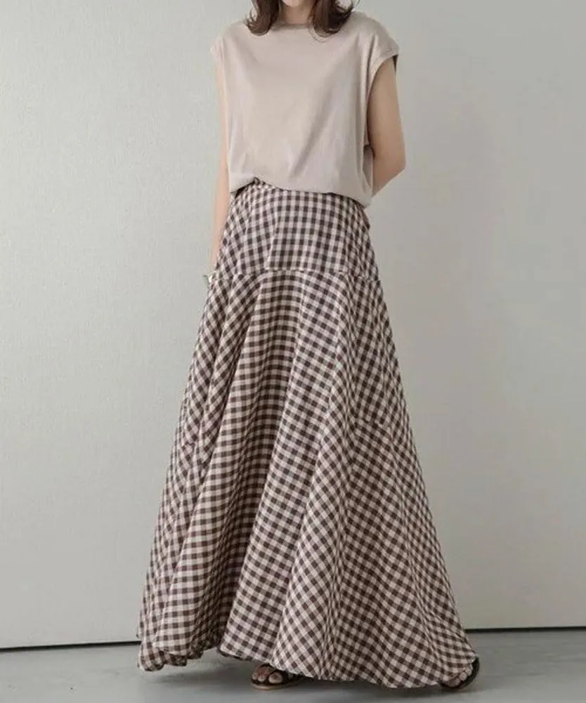 chouyatou Women's Retro Plaid A Line Midi Skirt Gingham High Elastic Waisted Pleated Swing Long Skirt