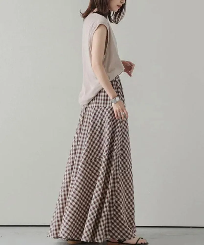 chouyatou Women's Retro Plaid A Line Midi Skirt Gingham High Elastic Waisted Pleated Swing Long Skirt