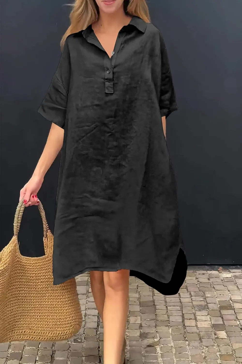 chouyatou Women's Summer Casual Linen Beach Tunic Dress Loose High Low Midi Long Polo T Shirt Dress