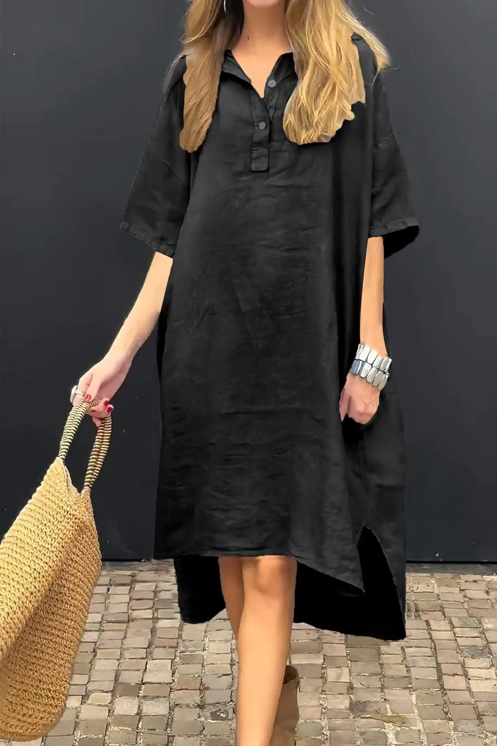 chouyatou Women's Summer Casual Linen Beach Tunic Dress Loose High Low Midi Long Polo T Shirt Dress