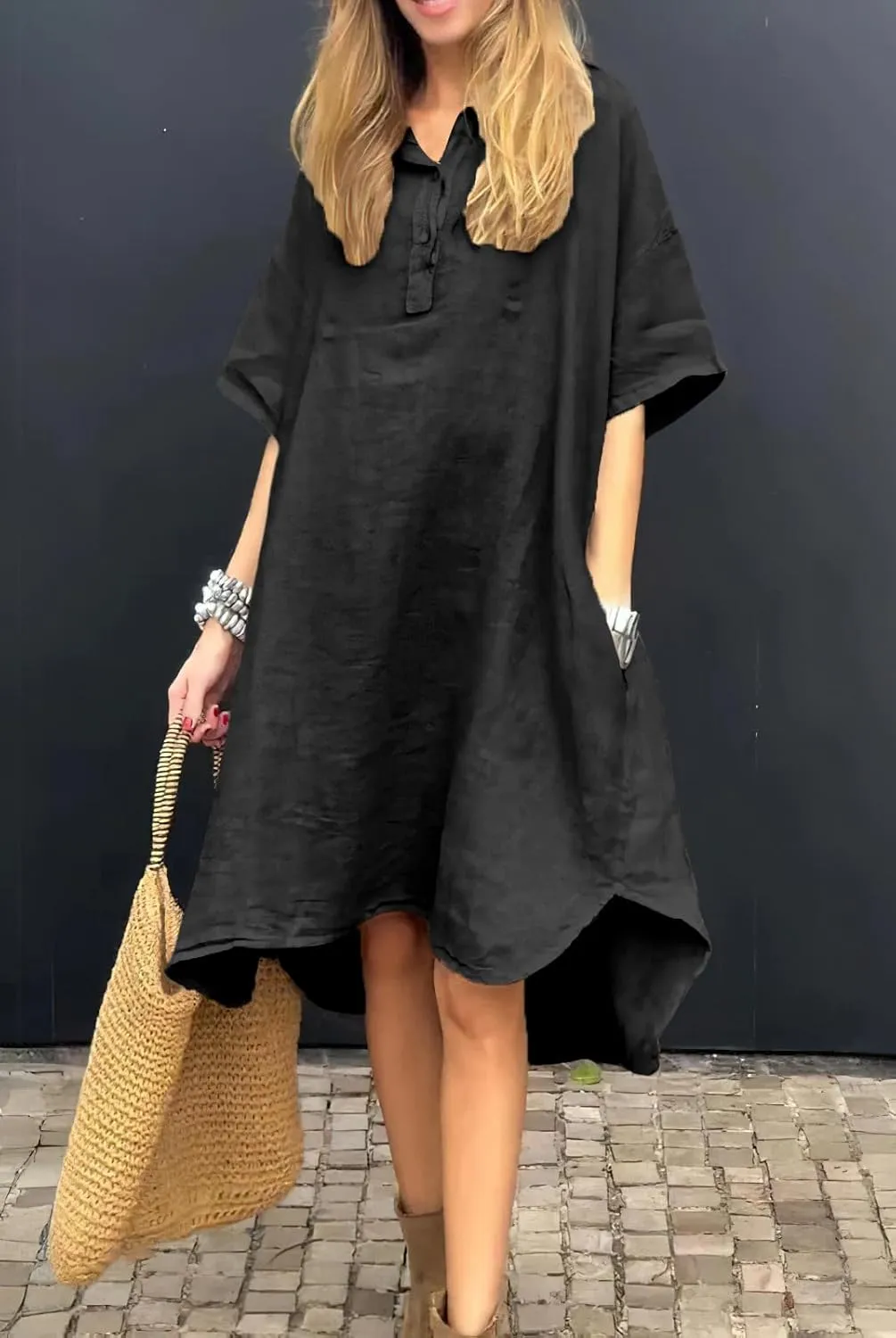 chouyatou Women's Summer Casual Linen Beach Tunic Dress Loose High Low Midi Long Polo T Shirt Dress