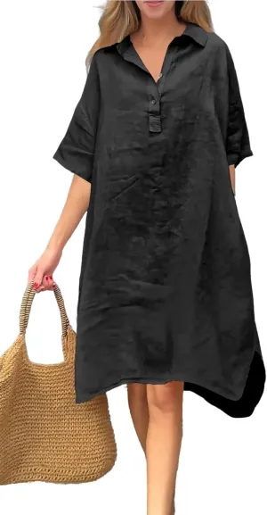 chouyatou Women's Summer Casual Linen Beach Tunic Dress Loose High Low Midi Long Polo T Shirt Dress