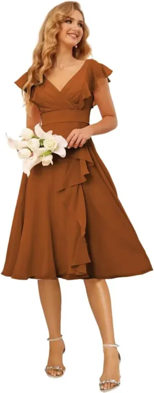 Clothfun Women's V Neck Ruffle Bridesmaid Dresses Short Sleeve A Line Chiffon Formal Party Dress CY230