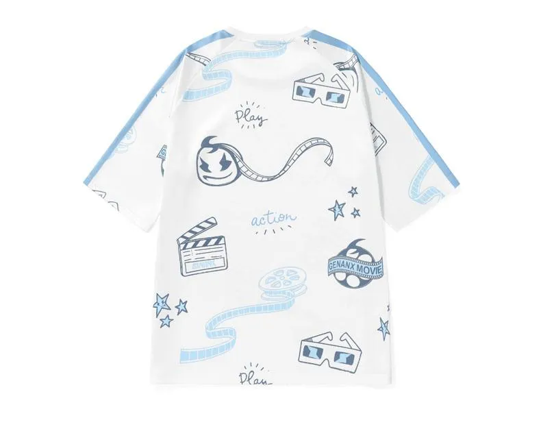Color Block Full Print Cartoon Movie Elements Print T-Shirt
